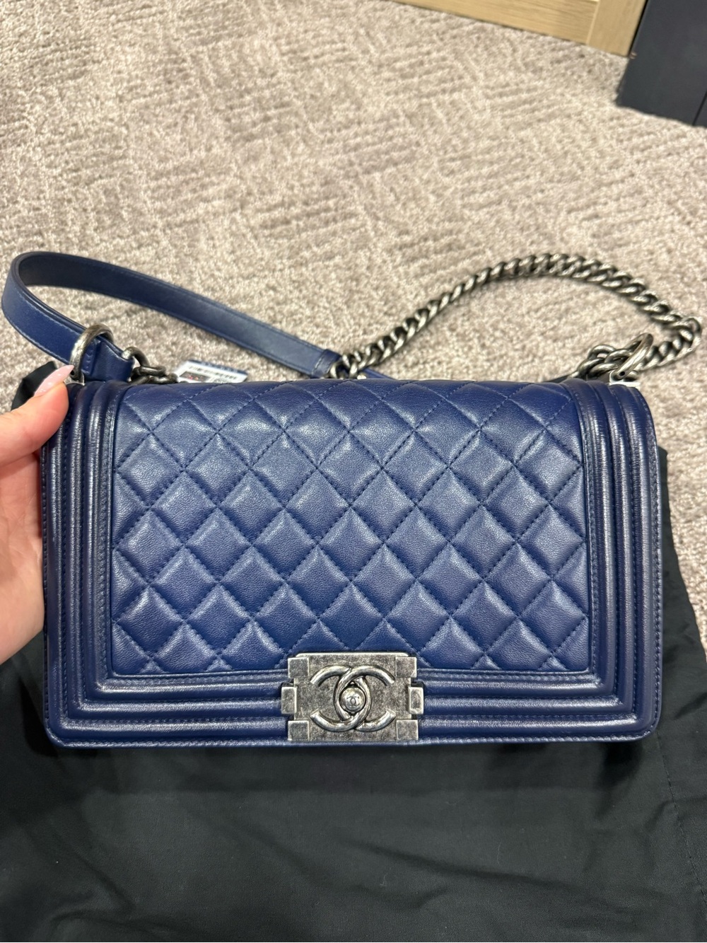 CHANEL Quilted Navy Lambskin Boy Bag with Ruthenium Hardware